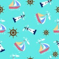Nautical pattern, seamless pattern with yacht, lighthouse and helm.