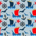 Nautical pattern, ships, anchors, lifebuoys and seagulls on a striped background. Summer seamless pattern, background, textile