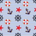Nautical pattern, starfish, anchors and lifebuoys on a striped background. Summer seamless pattern, textile, print