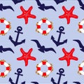 Nautical pattern, starfish, anchors, seagulls and lifebuoys on a striped background. Summer seamless pattern, background, print