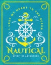 Nautical poster with anchor, steering wheel and rope frame.