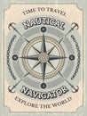 Nautical poster. Wind rose and stylized marine symbols for travelers placard for nautical adventures vector retro