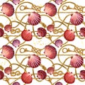 Nautical rope seamless tied fishnet background. marine knots and cordage pattern. seashells watercolor illustration. gold chains.