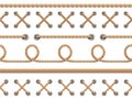 Nautical ropes seamless. Line rope design pattern, retro marine string knot borders. Endless ship cable, isolated