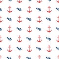 Nautical, sailing seamless pattern with red anchor and navy blue fish