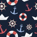 Sea and nautical seamless pattern on the dark blue background.