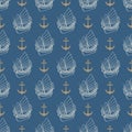 Nautical seamless pattern with anchor and sail boat on a navy blue background Royalty Free Stock Photo