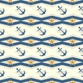 Nautical seamless pattern with anchor and starfish on a zigzag, chevron geometric background graphic design. Pattern in swatch