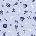 Nautical Seamless Pattern, Anchors, Boat, Steering Wheel, On Blue Background