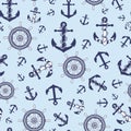Nautical seamless pattern, Anchors, Boat steering wheel on blue background Royalty Free Stock Photo