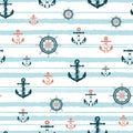 Nautical Seamless Pattern, Anchors, Boat Steering Wheel On Blue Wave Background
