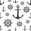 Nautical seamless pattern with black helms and anchors on white