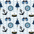 Nautical Seamless Pattern, Compass, Binoculars, Captain\'s Cap And Ship\'s Bell On A Background With Waves.