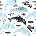 Nautical Seamless Pattern with Dolphins in Childish Style. Sea Underwater Creatures Background with Abstract Elements