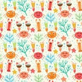 Nautical seamless pattern with funny cute crabs holding coconut cocktails and juice glasses with lobsters and coral reef