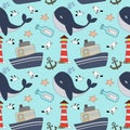 Nautical seamless pattern with ships and lighthouse. Kids hand drawn print.Vector illustration