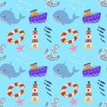 Nautical seamless pattern with ships and lighthouse. Kids hand drawn print. illustration