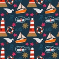 Nautical seamless pattern with ships and lighthouse. Kids hand drawn print. illustration