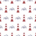 Nautical seamless pattern with lighthouse and shark.