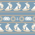 Nautical seamless pattern with sailboat.