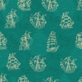 Nautical seamless pattern with sailboats and wind compass