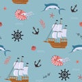 Nautical seamless pattern with ships, nautiluses, starfish, marlins. Vector graphics Royalty Free Stock Photo