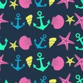 Nautical seamless pattern with starfish, shell, anchor on dark background.