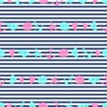 Nautical seamless pattern with starfish, shell, anchor on striped background.