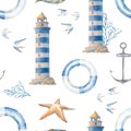 Nautical Seamless Pattern. Watercolor Wallpaper