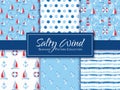 Nautical seamless patterns with sailboats, lighthouses, anchors, etc. Sea background