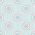 Nautical seamless striped pattern with blue helms on white. Ship and boat steering wheel ornament Royalty Free Stock Photo