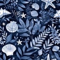 Nautical Seashell and Starfish Pattern on Navy Background Royalty Free Stock Photo