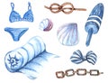 Nautical set of different elements. watercolor illustrations. sea shell, old rope, blur bow, beach towel. Royalty Free Stock Photo