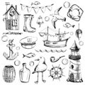 Nautical set of illustrations isolated on a white background of a lighthouse, a boat, a fisherman's house, seagulls Royalty Free Stock Photo