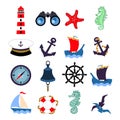 Nautical set, lighthouse, binoculars, steering wheel, ship, anchor and marine animals. Decor elements, icons Royalty Free Stock Photo