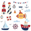 Nautical set. Marine theme. Sea travel. Anchor, steering wheel, ships, lighthouses, seagull, compass, bell, submarine