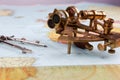 nautical sextant with optics, compass and ruler lying on paper world map Royalty Free Stock Photo