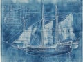 Nautical Ship Blueprint in Cyanotype Style Technical Drawing of Historical Sailing Vessel Maritime Engineering Blueprint Royalty Free Stock Photo