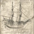 Nautical Ship Blueprint in Cyanotype Style Technical Drawing of Historical Sailing Vessel Maritime Engineering Blueprint Royalty Free Stock Photo