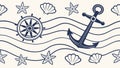 Nautical Ship Wheel, Anchor, Starfish, and Waves Pattern, vector design Generative AI Royalty Free Stock Photo