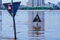 Nautical signs on the river during the flood. View of the two triangular signs from the back. Royalty Free Stock Photo