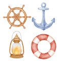 Nautical steering wheel, marine lamp with wick, anchor and lifebuoy. Watercolor clipart. Nautical cute illustrations set