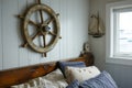 nautical steering wheel mounted on bedroom wall