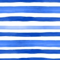 Nautical style seamless pattern with watercolor blue horizontal stripes on white background. Summer hand drawn texture
