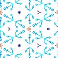 Nautical summer blue seamless pattern with anchors. Watercolor isolated on white background. For fashion, bandanas