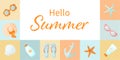 Nautical summer collage with various beach elements. Hello summer text. Template for summer events