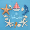 Nautical and summer holidays concept with sea life style objects, seashells and starfish over blue wooden background. Royalty Free Stock Photo