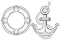 Nautical symbols - lifebuoy, anchor. Hand drawn sketch