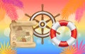 Nautical symbols, marine inventory on pink tropical background. Lifebuoy, map and steering wheel Royalty Free Stock Photo