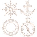 Nautical symbols - steering wheel, anchor, lifebuoy, compass. Hand drawn colored sketch